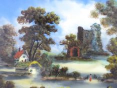 VICTORIAN REVERSE OIL PAINTING ON GLASS - an Abbey ruin with cottages to the foreground and lone