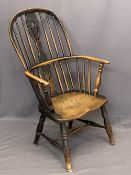 19TH CENTURY ELM HIGH HOOP STICK BACK ARMCHAIR - with shaped seat on turned supports, 97cms H, 58cms