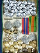 UNMARKED WWII MEDALS, cap badges and mixed buttons including a quantity of silver coloured marked '