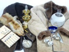 VINTAGE SHEEPSKIN JACKETS (2), fur stole, a brass oil lamp with etched glass shade and a small