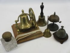VICTORIAN & OTHER DESKTOP & HAND BELLS with a brass top glass inkwell