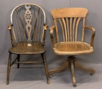VINTAGE OAK SWIVEL OFFICE ARMCHAIR and a later wheelback spindle armchair on turned supports,