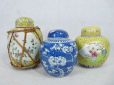 CHINESE PRUNUS DECORATED JAR - with double ring mark and two yellow ground jars, one decorated