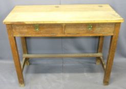 VINTAGE OAK DOUBLE SCHOOL DESK - the top with inkwell and pen apertures and twin drop-down front,