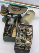 VINTAGE CAST IRON KITCHEN SCALES & WEIGHTS, Universal food chopper, porcelain and wooden furniture