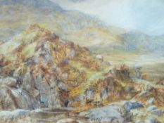 MANNER OF DAVID COX JR watercolour - mountain scene with figure on a rock, 22 x 34cms