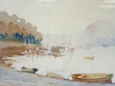 ENGLISH SCHOOL watercolour - the Marine Walk Conwy with numerous boats and Deganwy and the Vardre in
