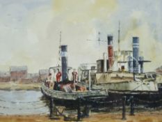 R G (BOB) HIILL watercolour - moored tugs at Ellesmere Port, signed, 27 x 36cms
