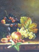 K W PULLING modern oil on board - still life, fruit and leaves on a table, indistinctly signed, 24 x