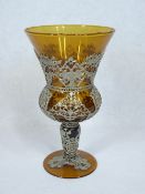 VINTAGE AMBER GLASS CHALICE/GOBLET - mounted with pierced white metal with decorative outer