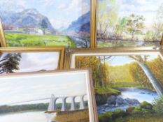 FRAMED OILS ON BOARD (5) - various artists to include J GLYN ROBERTS - mountain road scene with