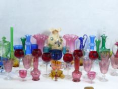 COLOURFUL VINTAGE & LATER GLASSWARE including Vaseline, cranberry, milk glass, Bristol blue and