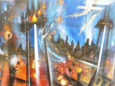 DAVID WILDE acrylic entitled - 'War of the Worlds Defeat of the Martians', signed, 50 x 66cms