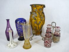 MIXED CAMEO, ETCHED, BLOWN and other glassware to include a large metal framed Amber blown glass