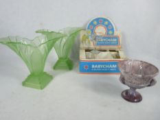 BOXED BABYCHAM 6 GLASS PARTY PACK OF GLASSES, a pair of green glass Art Deco vases and a Slag