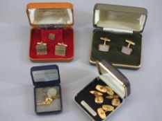 A PARCEL OF ROLLED GOLD CUFFLINKS, ETC, an oval 9ct gold pin stud and a silver thrupenny piece ring