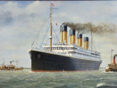 After J KEITH BYASS oil on board - The Titanic with tugboats, signed and dated 1993, 50 x 75cms