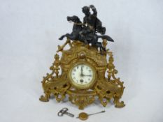 FRENCH CLOCK - Ormolu with mythical horse rider to the top, 34.5cms tall