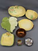 CARLTONWARE - four pieces, yellow ground leaf dishes, a small Crown Devon yellow ground floral