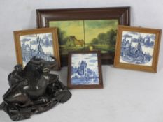 DUTCH PAINTED & OTHER FRAMED TILES along with an Eastern carved water buffalo and boy on a carved