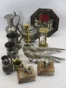 ANTIQUE & LATER PEWTER & BRASSWARE, a pair of EP pheasant table ornaments, painted cast and marble