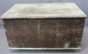 SMALL VINTAGE PINE LIDDED CHEST - with iron carry handles on metal castors, 38cms H, 67.5cms W,