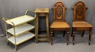 VICTORIAN MAHOGANY HALL CHAIRS, A PAIR, vintage high stool and a modern gilt metal three tier tea