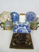 WILLOW PATTERN CAKESTAND, G Rushbrook ham stand, Staffordshire spillholder and other items of