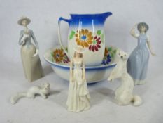 USSR PORCELAIN FERRETS and other figurines and a pottery wash jug and bowl