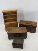GEORGIAN MAHOGANY TEA CADDY, two others and a modern miniature oak dresser, the main tea caddy