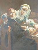 LARGE OIL ON CANVAS - a medieval couple, unsigned and unframed, 76.5 x 61cms