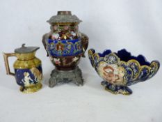 MAJOLICA POTTERY & CAST METALWARE OIL LAMP BASE, Continental Majolica style planter and a metal