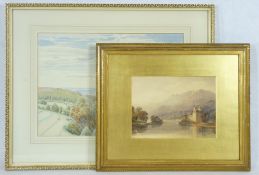 ANDREW DONALDSON watercolour - mountainscape with ruin alongside a lake to the foreground, early