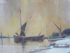W AYRE oil believed on canvas on board - river scene with beached boats etc, signed, 37 x 54cms