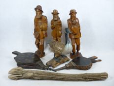 TREEN - Continental carved figures (3), 43cms tall, driftwood, Bellows and a decoy type duck
