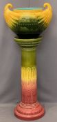LARGE POTTERY MAJOLICA STYLE JARDINIERE - on similar style stand, 139cms overall H, 40 x 57cms the