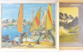 COLIN GREGORY mixed media on board - continental quayside scene with boats and figure, signed and