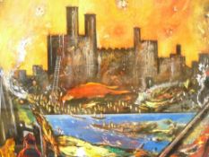DAVID WILDE acrylic entitled - 'Siege of Caernarfon Castle by The Welsh' circa 1404, signed, 44 x