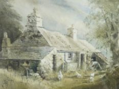 KEITH ANDREW watercolour - cottage with farmer feeding poultry, signed and dated 1984, 26 x 34cms
