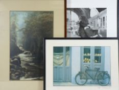 PRINTS (2) - a riverscape and bicycle outside a shop and a framed photograph - a soldier and