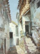 ?? CUPEROS, SPANISH SCHOOL oil on canvas - continental narrow street scene with lady figure seated