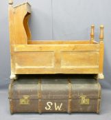 ANTIQUE PINE BABY'S CRADLE, 78cms H, 54cms max W, 90cms L and a vintage wooden banded travel