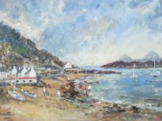 DORIS E CRIGHTON acrylic - Porthdinllaen with figures on the shore and anchored boats, signed in