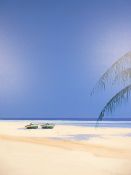 JOHN HORSEWELL box frame acrylic on canvas - typical beach scene depicting two tethered rowing