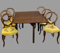 DINING TABLE & 6 CHAIRS - antique mahogany gateleg, 72cms H, 142cms W, 102cms D (open) and six