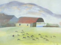 WILL ROWLANDS coloured limited edition print (16/200) - farmstead with red barn and grazing sheep,