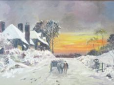 ENGLISH SCHOOL mixed media on board - snowy winter scene with horse, cart and handler on a track, 29