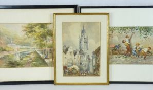 CONTINENTAL WATERCOLOURS (3) - indistinct artist's signatures, the first depicting a group of boys