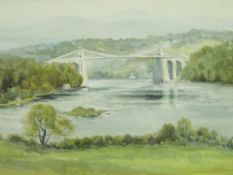KEITH ANDREW watercolour - The Menai Straits and Suspension Bridge with mountain backdrop, signed