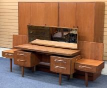 MID-CENTURY G PLAN BEDROOM SUITE, 4 PIECE - a triple wardrobe, 175cms H, 122cms W, 59cms D, double